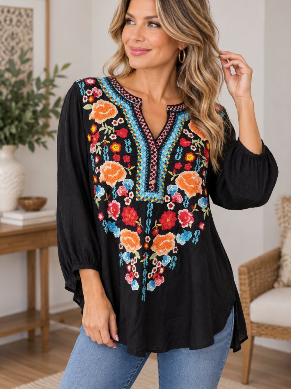 Andree by Unit 2X Black Floral Embroidered Boho Tunic Bell Sleeve Western Top